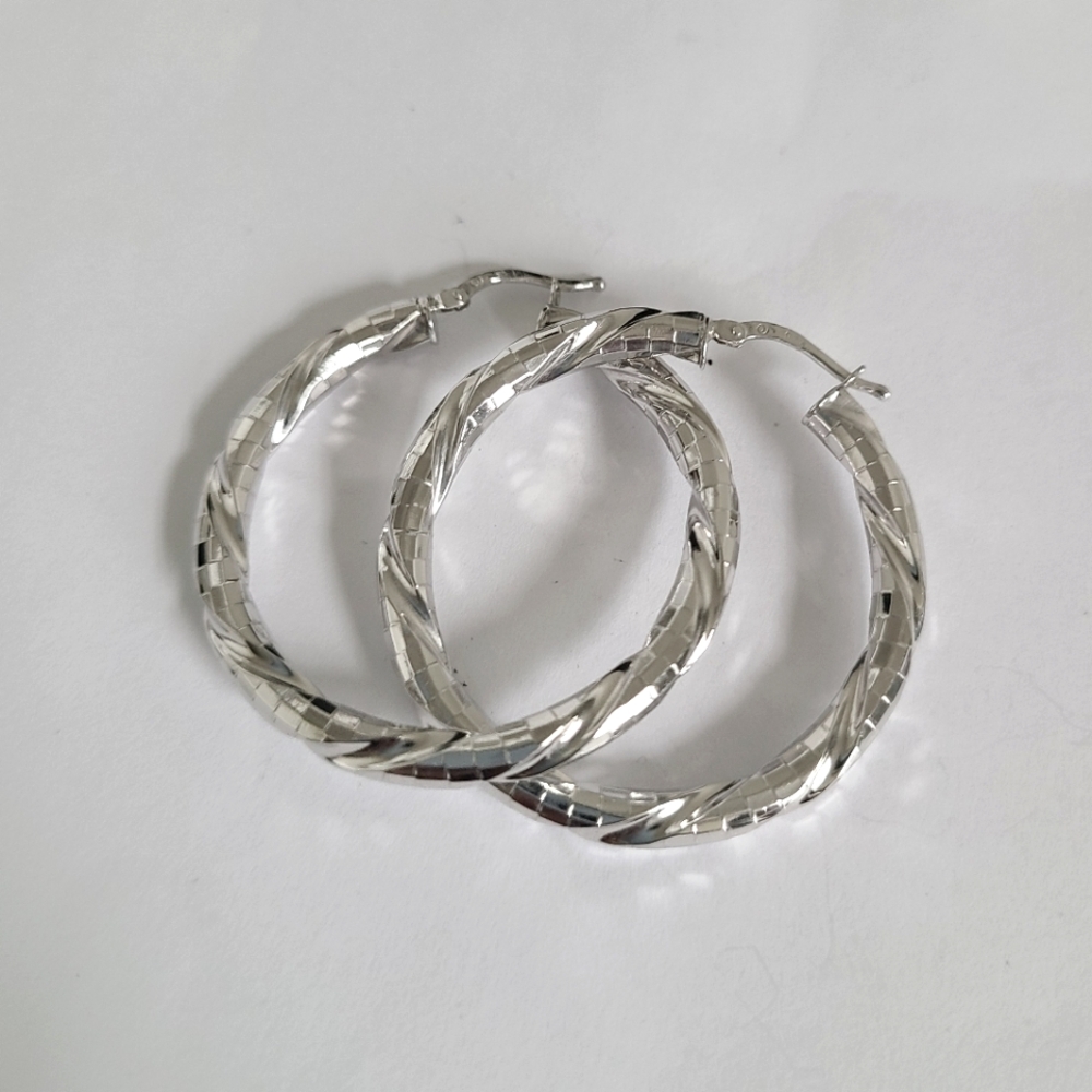 Vintage Chunky Twisted Diamond Cut Sterling Silver Hoop Earrings